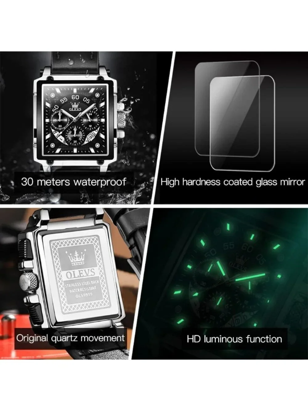 Men's Silver Black Quartz Leather Strap Waterproof Trendy Square Dial Wristwatch